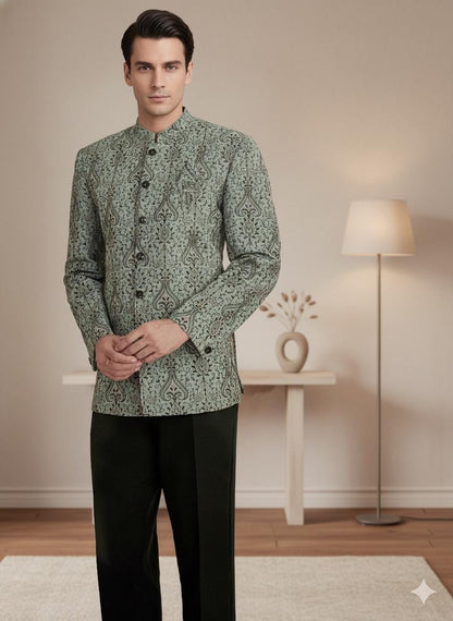 Men’s Sage Green Bandhgala Jacket | Silk Blend Jacquard Jodhpuri Wedding Coat