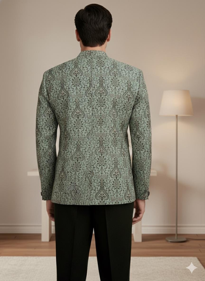 Men’s Sage Green Bandhgala Jacket | Silk Blend Jacquard Jodhpuri Wedding Coat