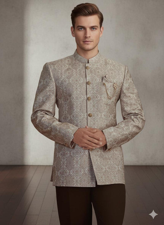 Men’s Beige Brocade Bandhgala Jacket | Silk Blend Jodhpuri Wedding Coat | Nehru Collar