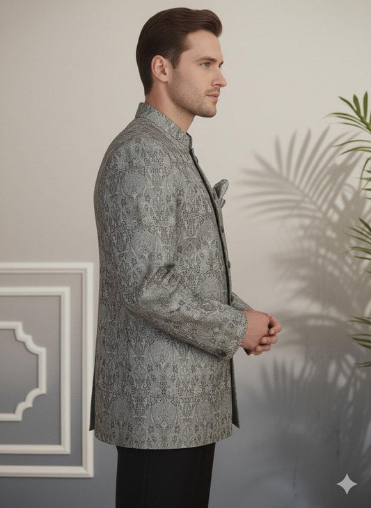 Men’s Silver Grey Bandhgala Coat | Silk Blend Jacquard Nehru Jacket | Wedding Groom Outfit.