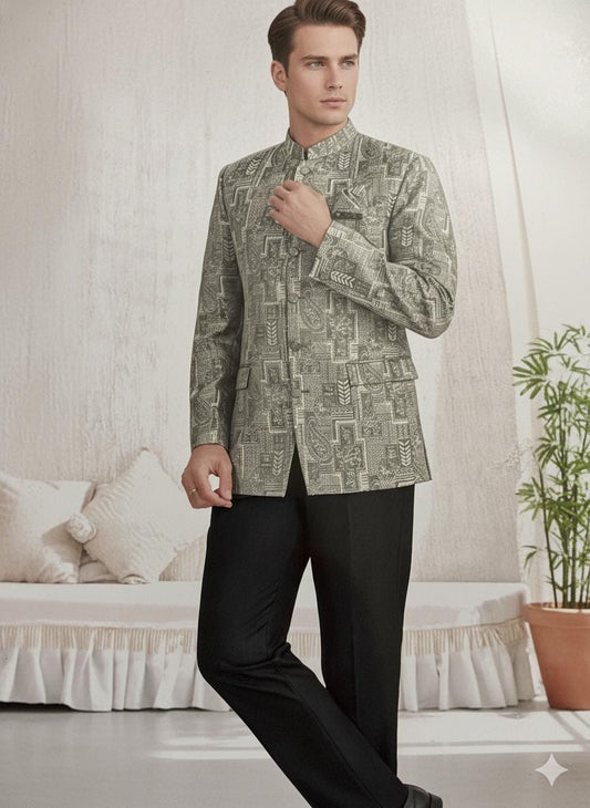 Men’s Grey Jacquard Bandhgala Coat | Silk Blend Nehru Collar Jacket | Indian Wedding Groom Outfit