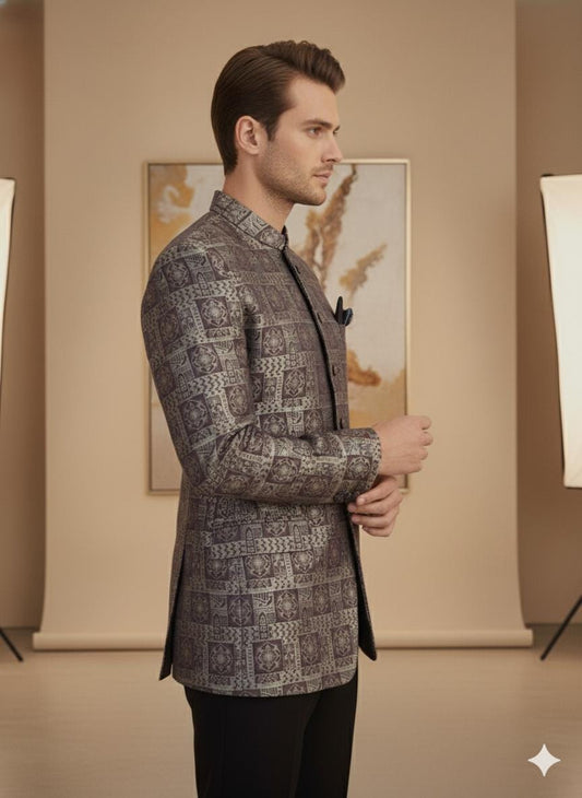 Men’s Chocolate Brocade Bandhgala Jacket | Indo Fusion Wedding Jodhpuri Coat