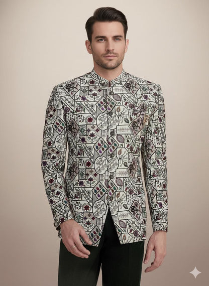 White Printed Bandhgala Jacket for Men | Ivory Jodhpuri Suit for Wedding & Engagement.
