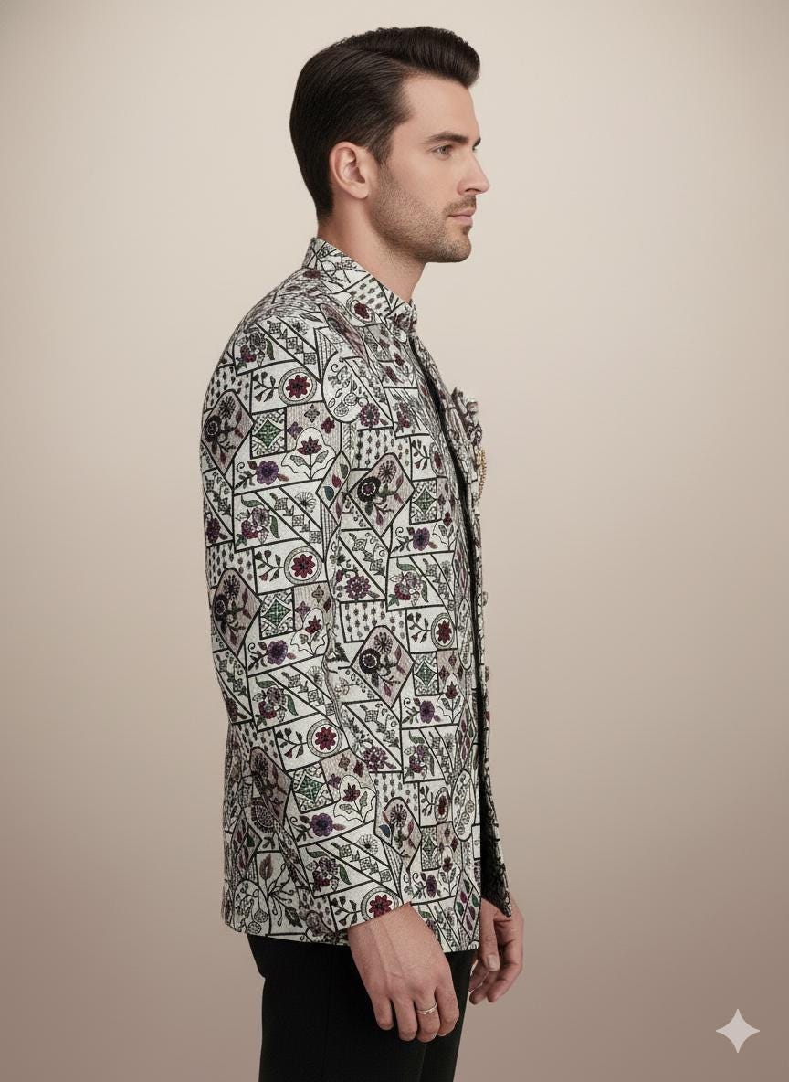 White Printed Bandhgala Jacket for Men | Ivory Jodhpuri Suit for Wedding & Engagement.
