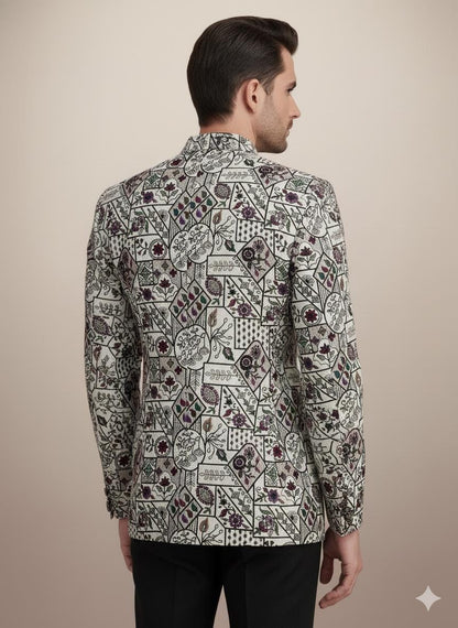 White Printed Bandhgala Jacket for Men | Ivory Jodhpuri Suit for Wedding & Engagement.