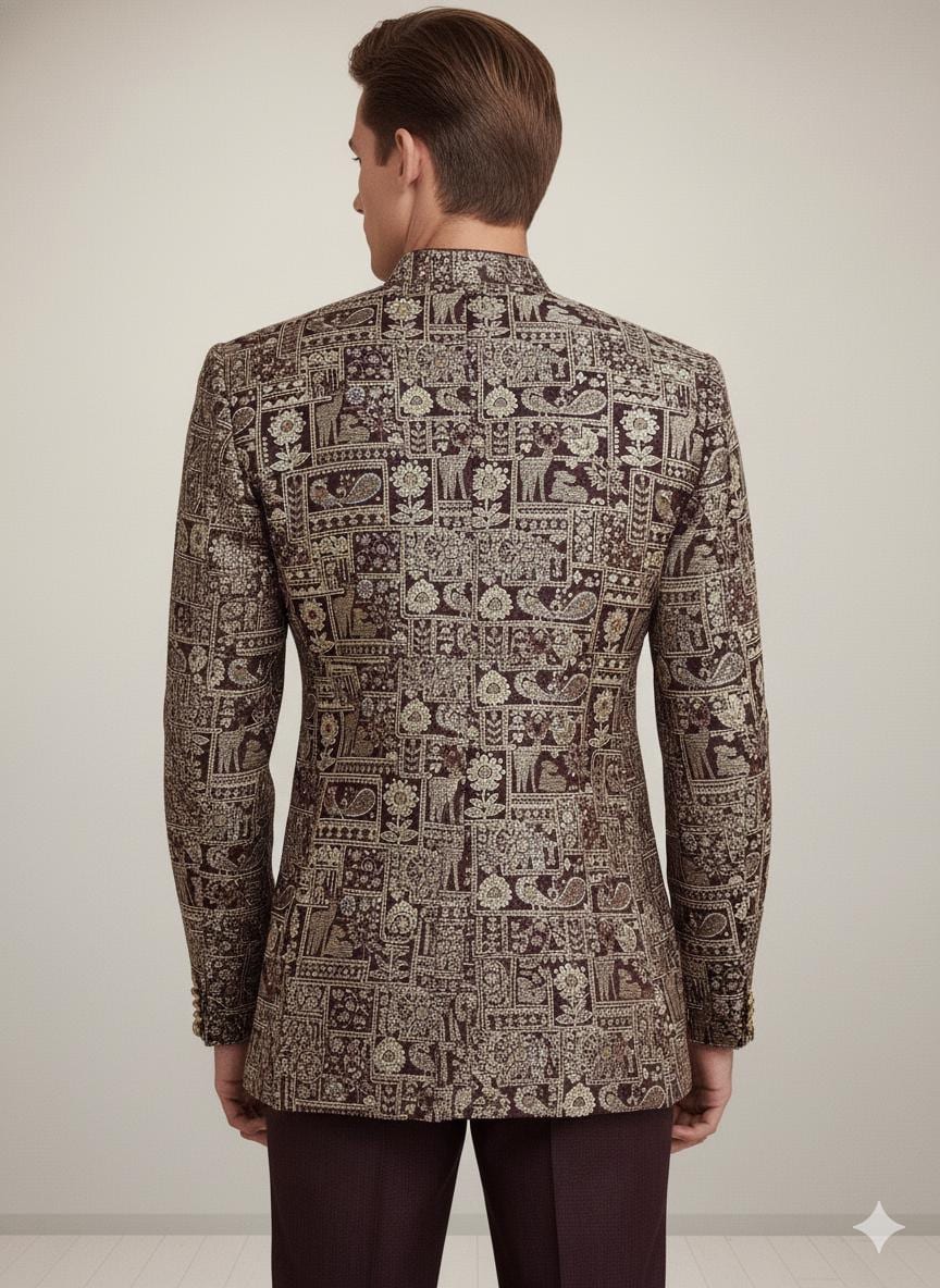 Men’s Gold Brocade Bandhgala Jacket | Indian Wedding Groom Outfit | Jodhpuri Nehru Coat.