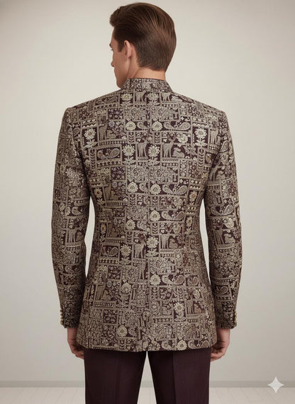 Men’s Gold Brocade Bandhgala Jacket | Indian Wedding Groom Outfit | Jodhpuri Nehru Coat.