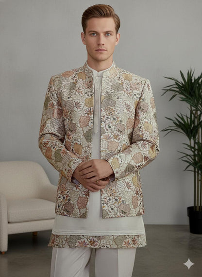 Ivory Silk Jacquard Bandhgala Jacket | Indian Wedding Nehru Coat for Groom.
