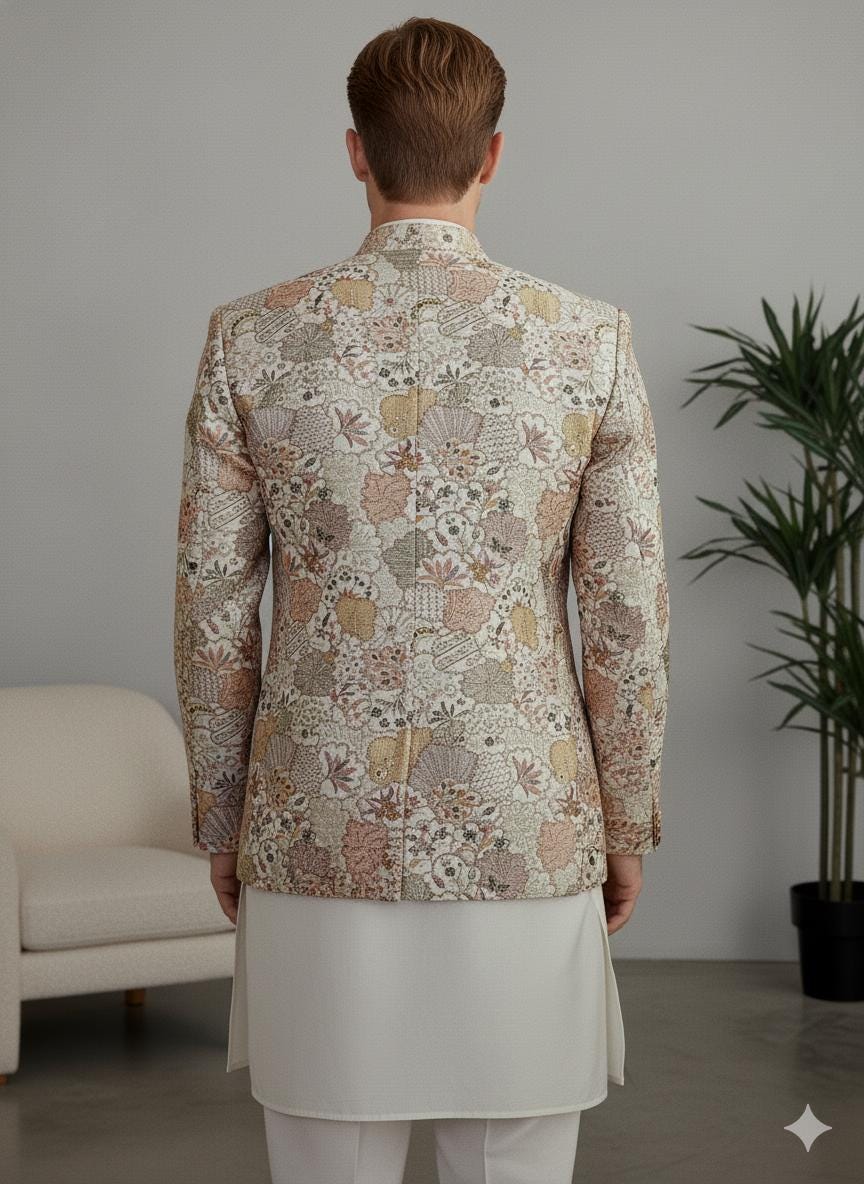 Ivory Silk Jacquard Bandhgala Jacket | Indian Wedding Nehru Coat for Groom.
