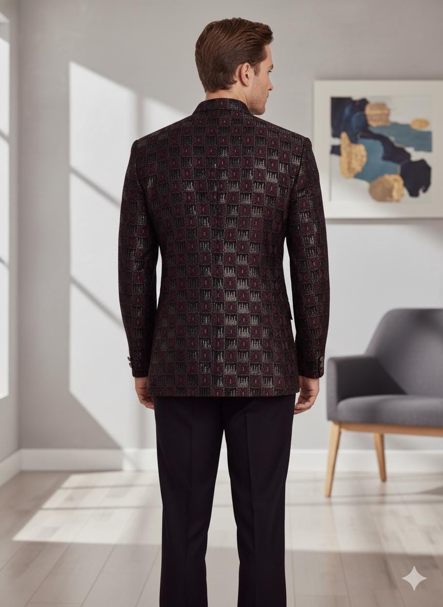 Men’s Jodhpuri Bandhgala Coat | Maroon & Black Jacquard Wedding Jacket | Groom Sherwani Style.