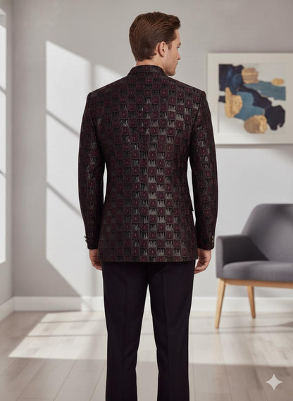 Men’s Jodhpuri Bandhgala Coat | Maroon & Black Jacquard Wedding Jacket | Groom Sherwani Style.