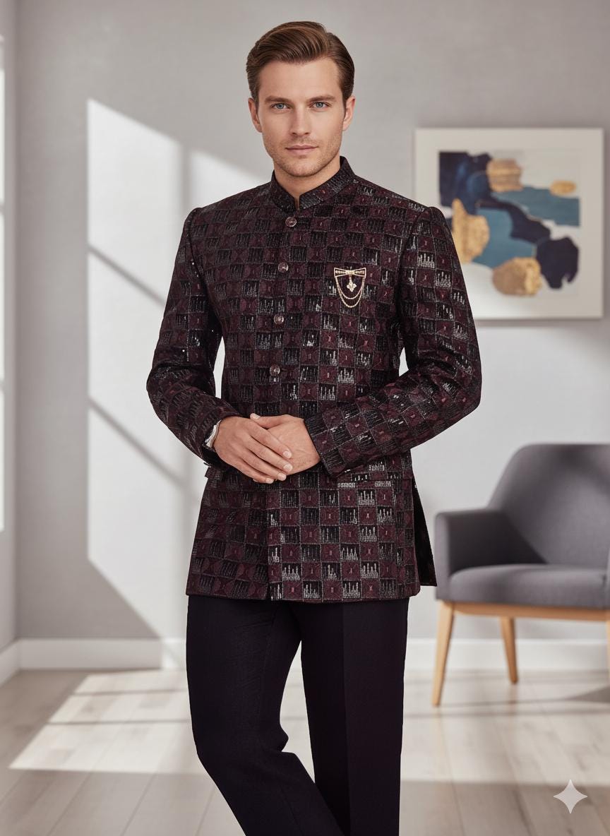 Men’s Jodhpuri Bandhgala Coat | Maroon & Black Jacquard Wedding Jacket | Groom Sherwani Style.