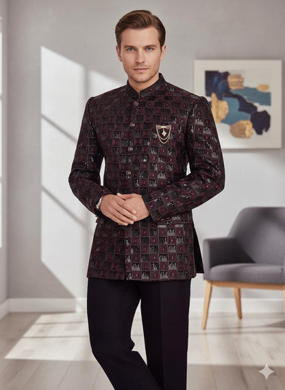 Men’s Jodhpuri Bandhgala Coat | Maroon & Black Jacquard Wedding Jacket | Groom Sherwani Style.