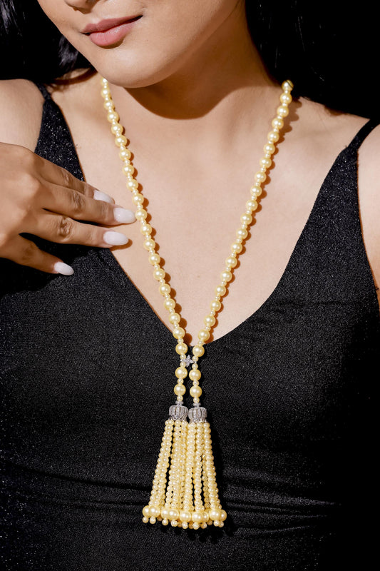 Golden Pearl Tassel Necklace | Long Beaded Y Necklace | Handmade Statement Jewelry.