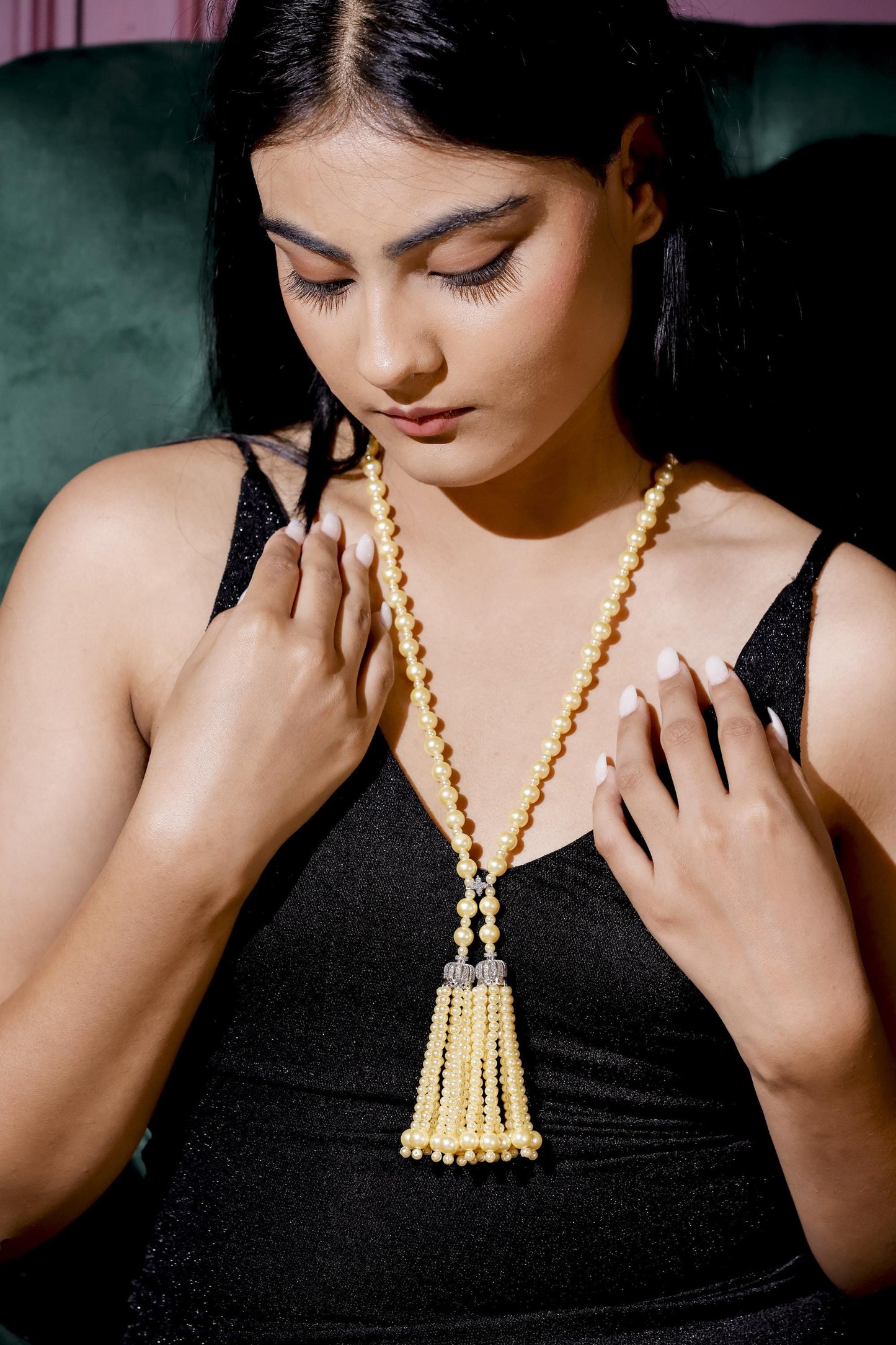 Golden Pearl Tassel Necklace | Long Beaded Y Necklace | Handmade Statement Jewelry.