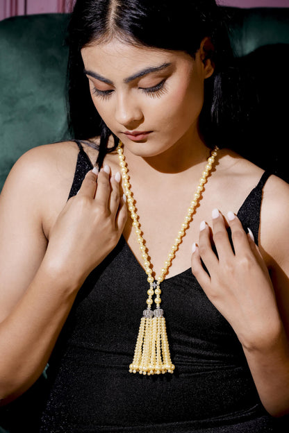 Golden Pearl Tassel Necklace | Long Beaded Y Necklace | Handmade Statement Jewelry.