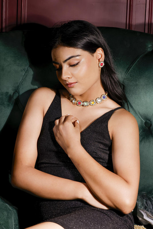 Gold Plated Gemstone Choker Necklace Set | Multicolor Bridal Jewelry | Statement Necklace with Earrings & Bracelet.