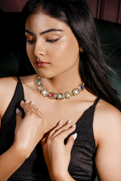 Gold Plated Gemstone Choker Necklace Set | Multicolor Bridal Jewelry | Statement Necklace with Earrings & Bracelet.
