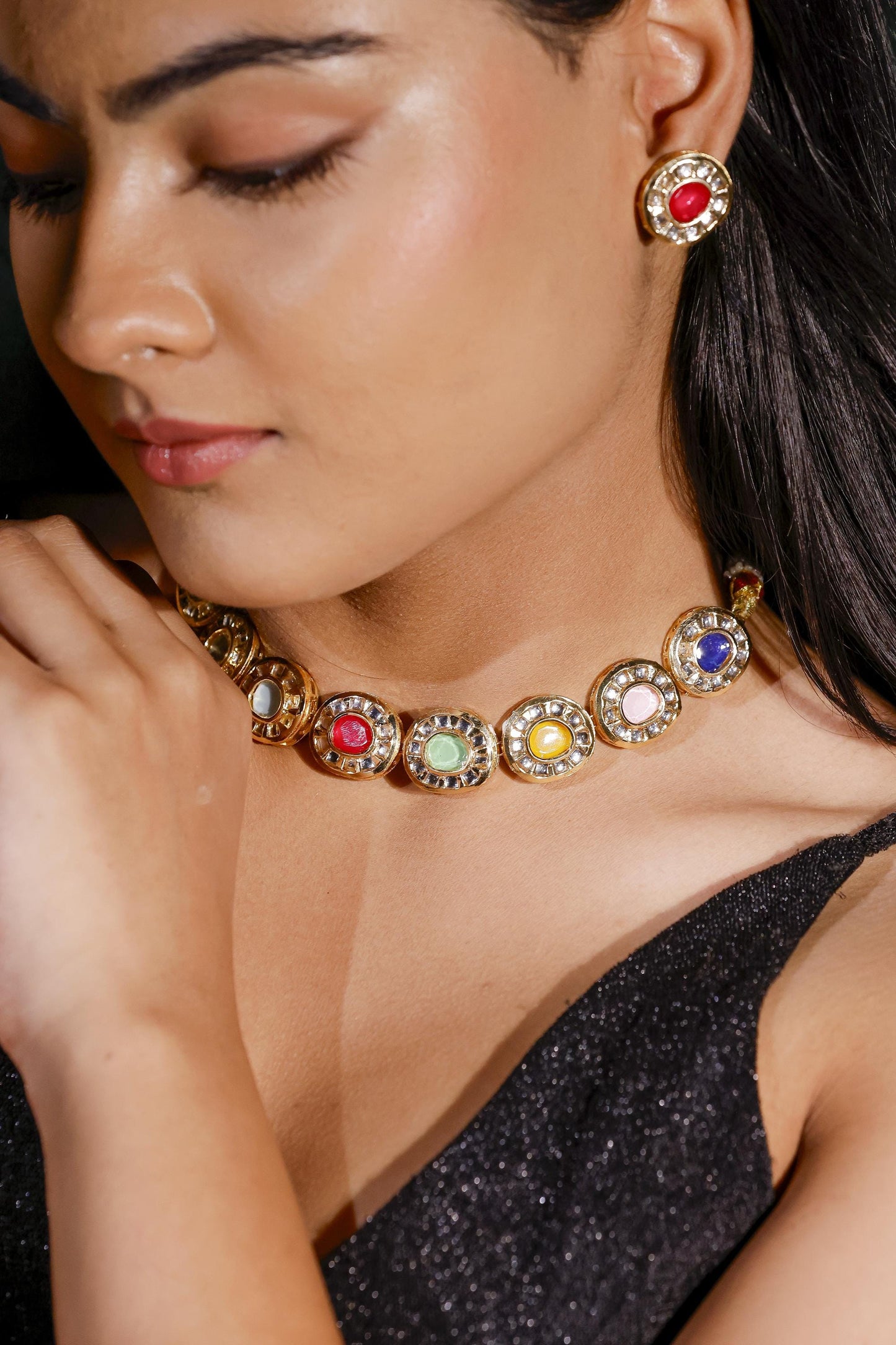 Gold Plated Gemstone Choker Necklace Set | Multicolor Bridal Jewelry | Statement Necklace with Earrings & Bracelet.