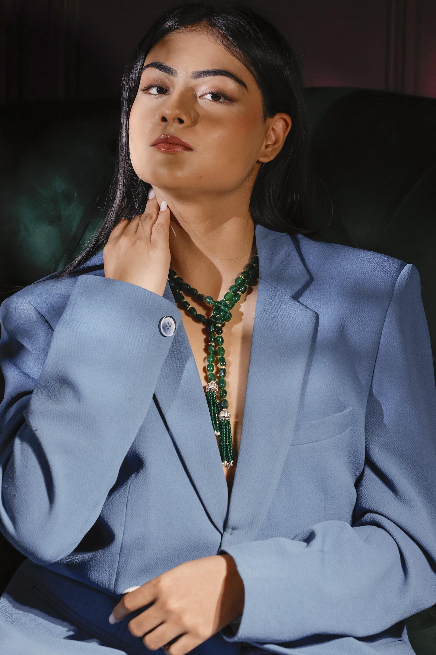 Handmade Emerald Green Beaded Tassel Necklace | Western Y Necklace