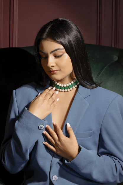 Emerald Green Stone & Pearl Choker | Handcrafted Layered Necklace