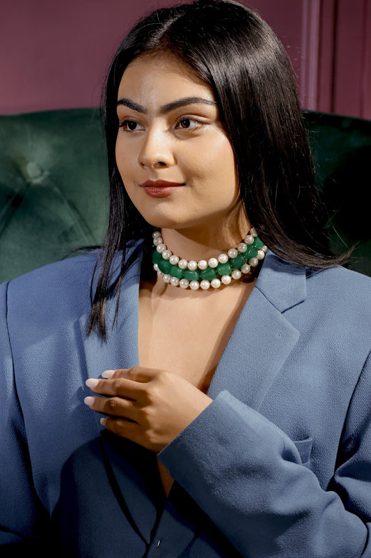 Emerald Green Stone & Pearl Choker | Handcrafted Layered Necklace