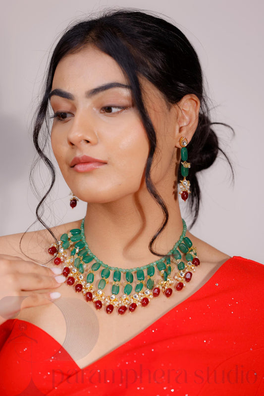 Green Quartz & Red Kundan Choker Necklace Set | Statement Gemstone Jewellery | Bridal Choker with Earrings