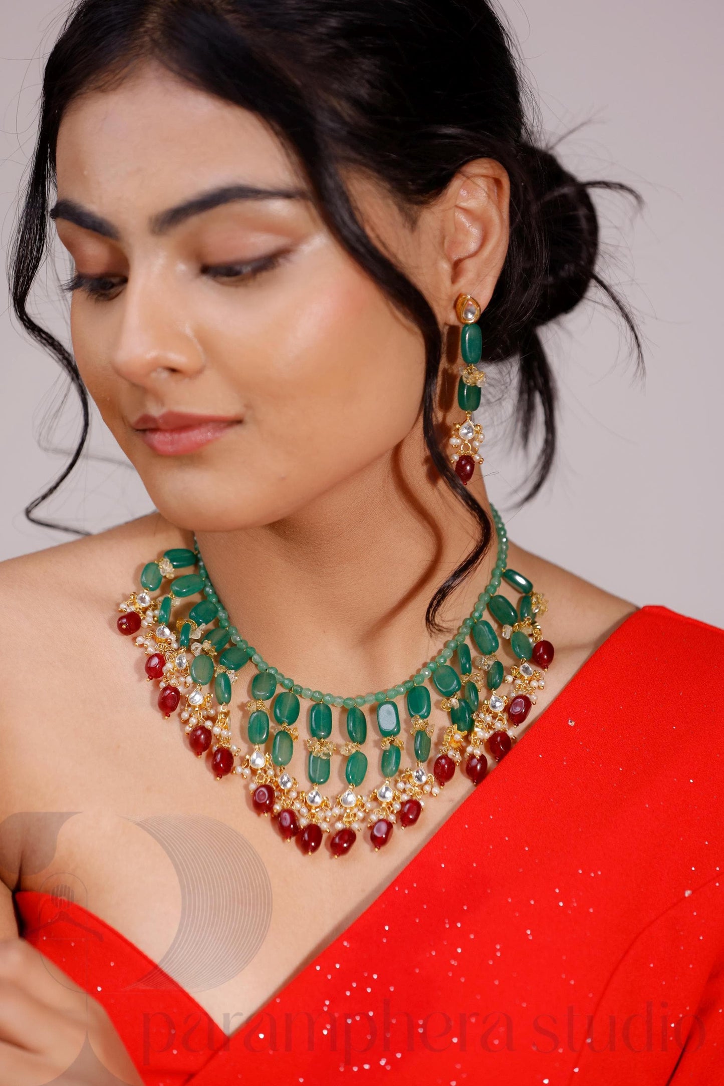 Green Quartz & Red Kundan Choker Necklace Set | Statement Gemstone Jewellery | Bridal Choker with Earrings