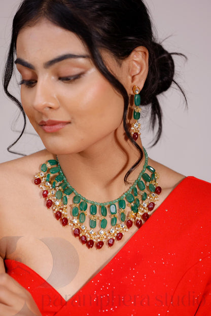 Green Quartz & Red Kundan Choker Necklace Set | Statement Gemstone Jewellery | Bridal Choker with Earrings