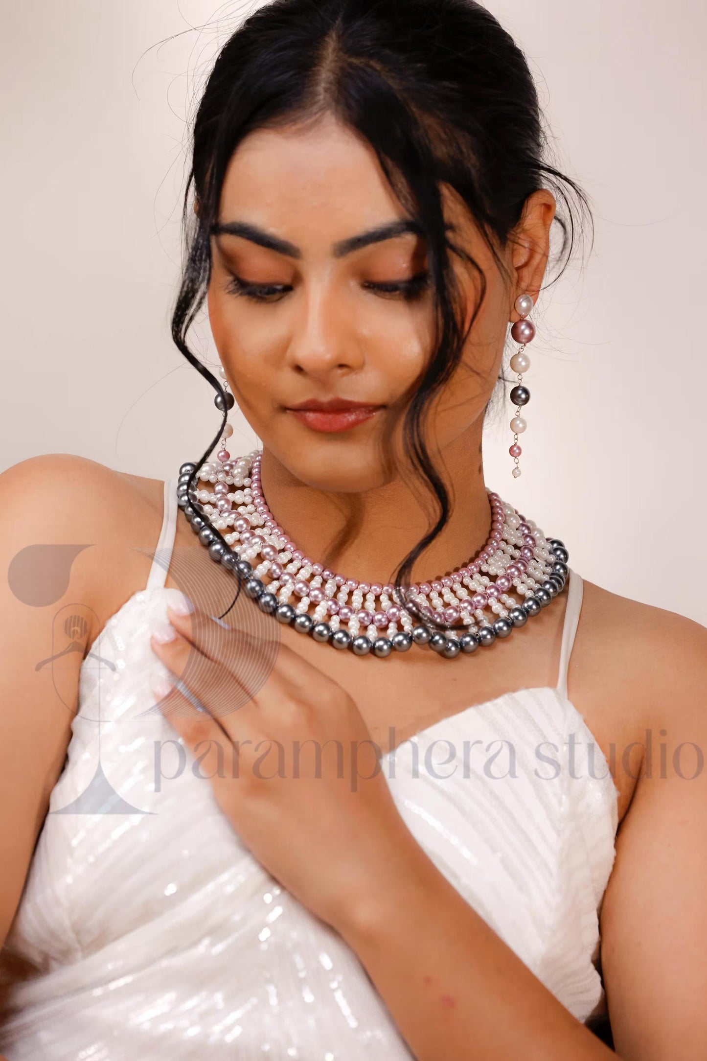 Handmade Multicolor Pearl Bib Choker and Earrings | Bridal Boho Jewelry