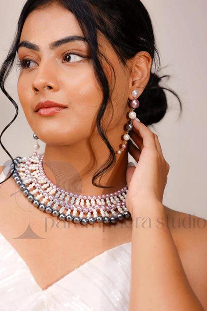 Handmade Multicolor Pearl Bib Choker and Earrings | Bridal Boho Jewelry