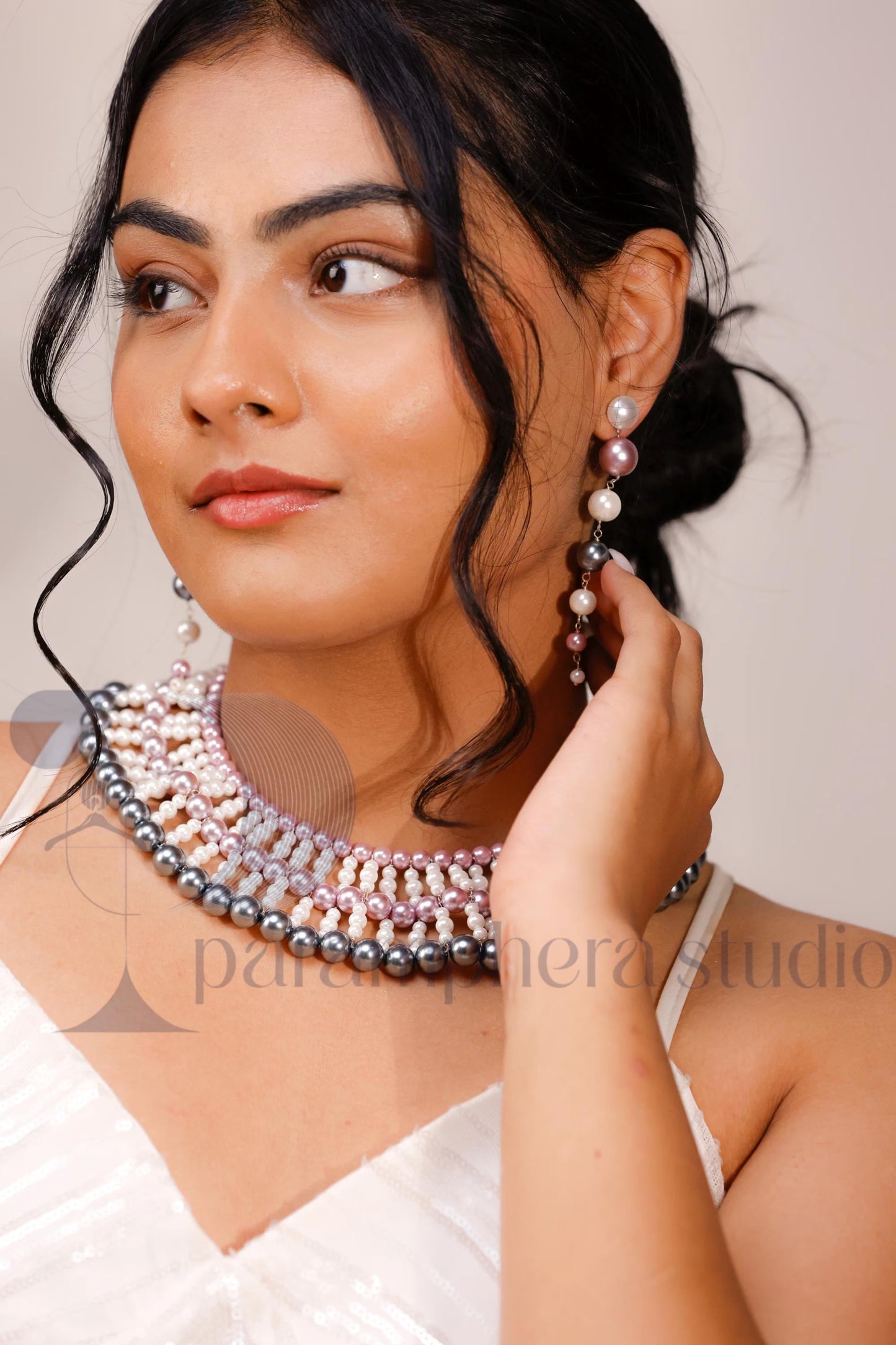 Handmade Multicolor Pearl Bib Choker and Earrings | Bridal Boho Jewelry
