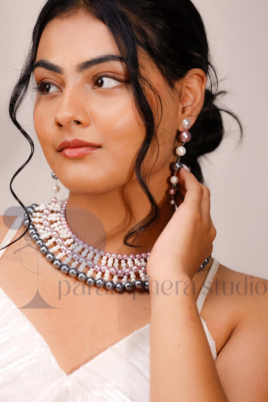 Handmade Multicolor Pearl Bib Choker and Earrings | Bridal Boho Jewelry