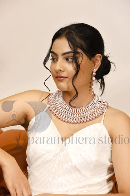 Handmade Multicolor Pearl Bib Choker and Earrings | Bridal Boho Jewelry