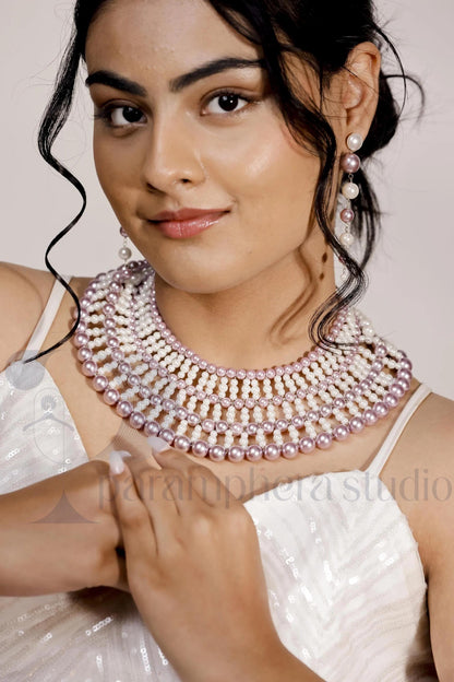 Handmade Multicolor Pearl Bib Choker and Earrings | Bridal Boho Jewelry