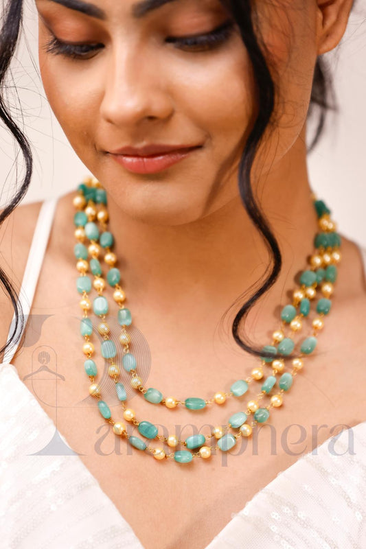 Turquoise Beaded Triple Layer Necklace | Mint Green Pearl Mala | Kundan Style Statement Jewellery.
