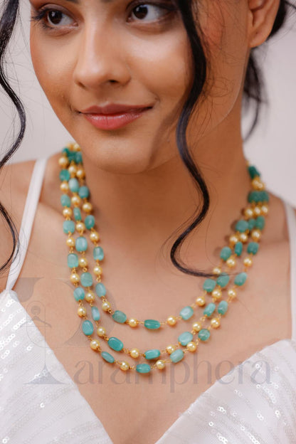 Turquoise Beaded Triple Layer Necklace | Mint Green Pearl Mala | Kundan Style Statement Jewellery.