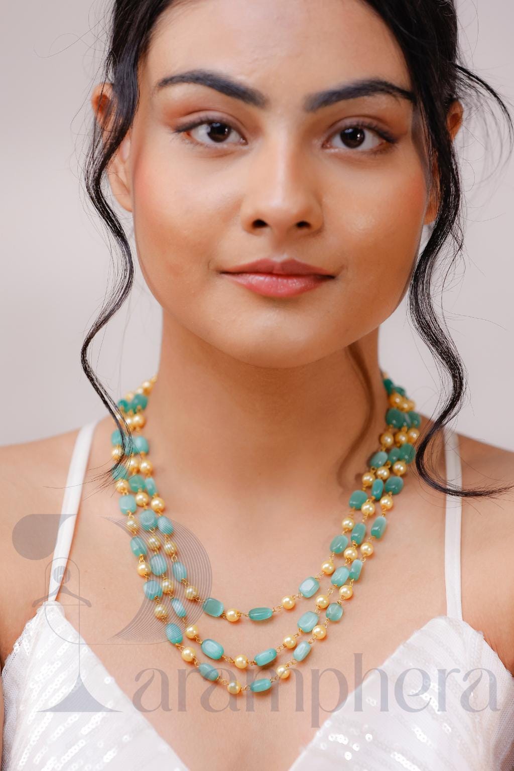 Turquoise Beaded Triple Layer Necklace | Mint Green Pearl Mala | Kundan Style Statement Jewellery.