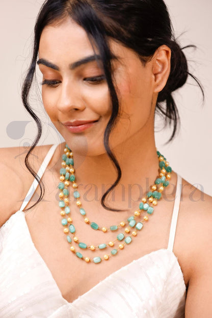 Turquoise Beaded Triple Layer Necklace | Mint Green Pearl Mala | Kundan Style Statement Jewellery.