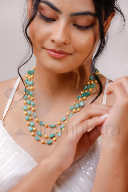 Turquoise Beaded Triple Layer Necklace | Mint Green Pearl Mala | Kundan Style Statement Jewellery.