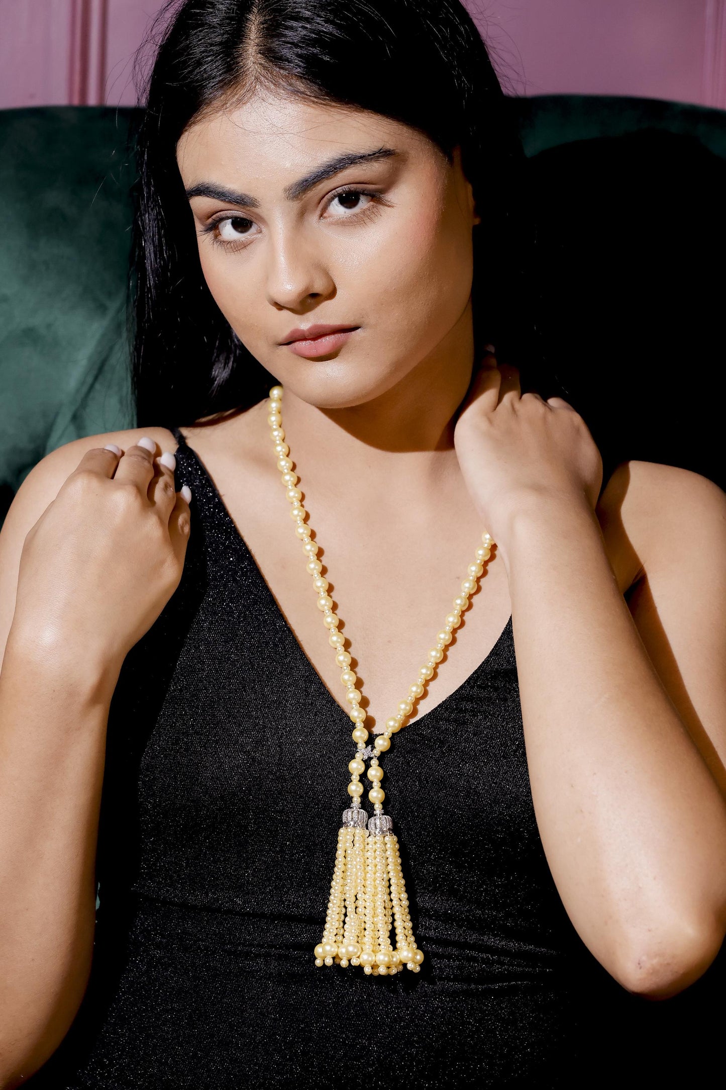 Golden Pearl Tassel Necklace | Long Beaded Y Necklace | Handmade Statement Jewelry.