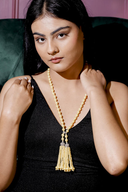 Golden Pearl Tassel Necklace | Long Beaded Y Necklace | Handmade Statement Jewelry.
