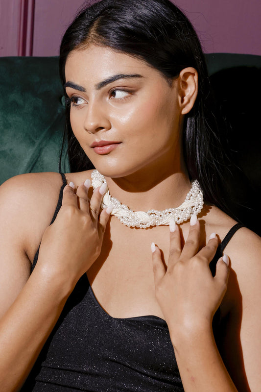 Handmade Twisted White Pearl Choker | Multi-Strand Bridal Necklace.