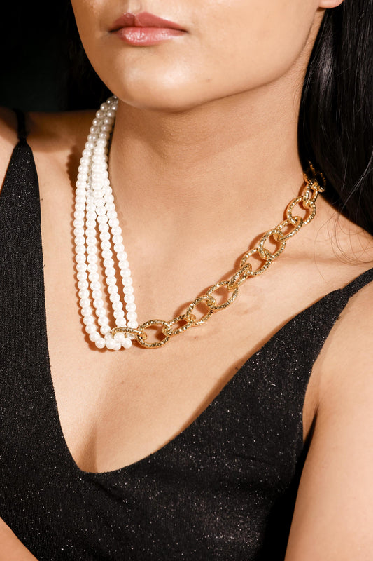 Pearl and Gold Chain Fusion Necklace | Handmade Statement Jewelry