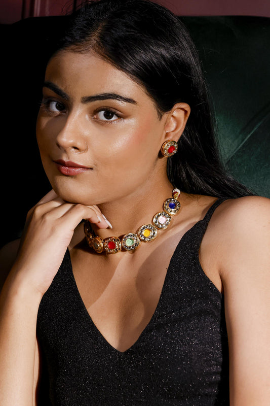 Gold Plated Gemstone Choker Necklace Set | Multicolor Bridal Jewelry | Statement Necklace with Earrings & Bracelet.