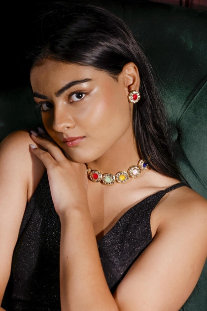 Gold Plated Gemstone Choker Necklace Set | Multicolor Bridal Jewelry | Statement Necklace with Earrings & Bracelet.