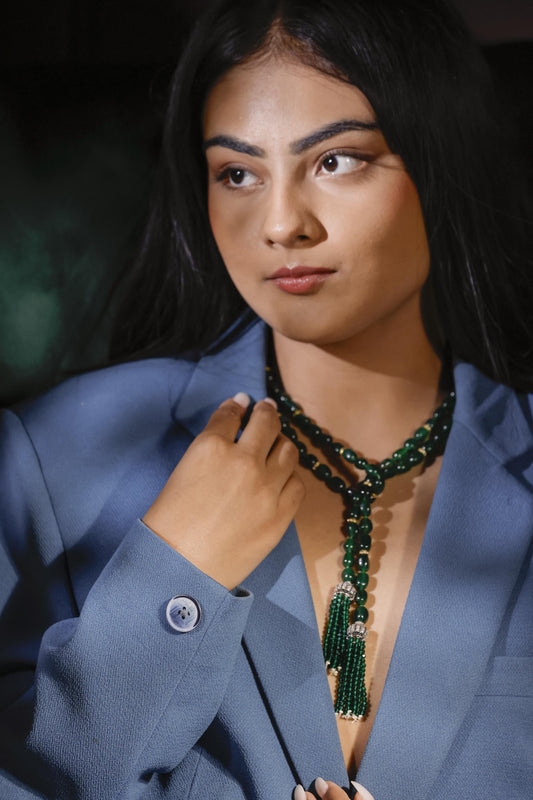 Handmade Emerald Green Beaded Tassel Necklace | Western Y Necklace