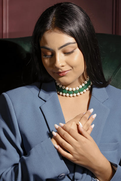 Emerald Green Stone & Pearl Choker | Handcrafted Layered Necklace