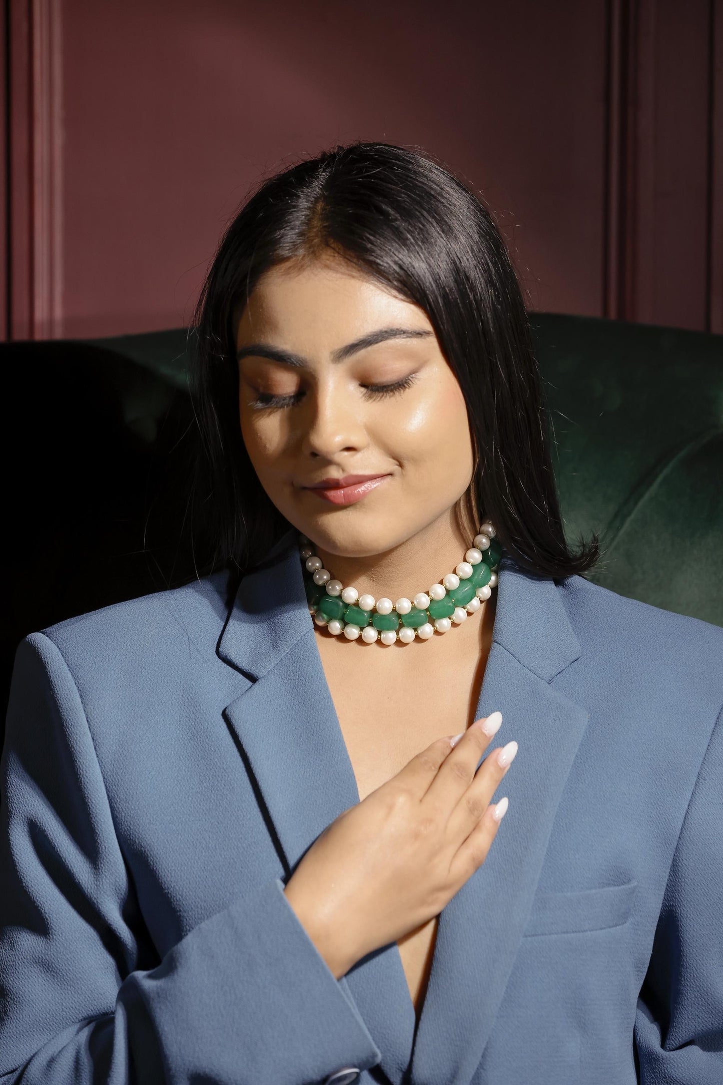 Emerald Green Stone & Pearl Choker | Handcrafted Layered Necklace