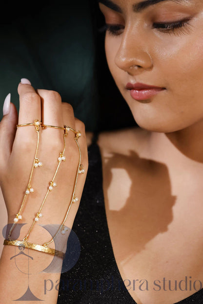 Gold Pearl Hand Chain Bracelet | Bridal Ring Harness Jewelry